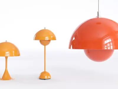 Three Retro Lamps 3D Model  - 1 Table Red and 2 Ceiling Yellow 3D model