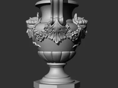 Decorated urn with female head and flower garland 3D model