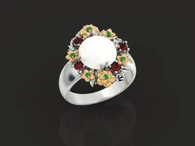  RING with flowers and stones cabochon ring 3D print model