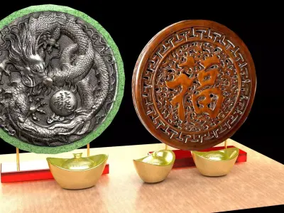 Chinese gold Ingot  with dragon  fu  3D model