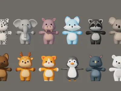 Rigged Cartoon Animals Collection Pack-002 Low-poly 3D model