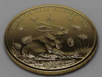 Chinese Gold Coin with Engraved Rabbit Low-poly 3D model