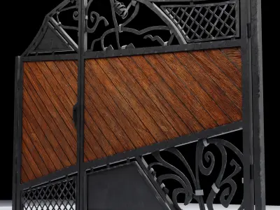 Wrought iron gates with wooden boards Low-poly 3D model