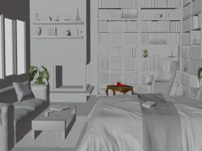 Bedroom interior scene    Low-poly 3D model