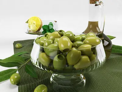 olive olives and lemon on cloth 3D model