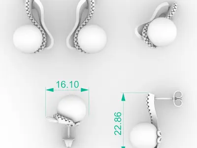 11mm pearl and diamond stud earrings 3D print model