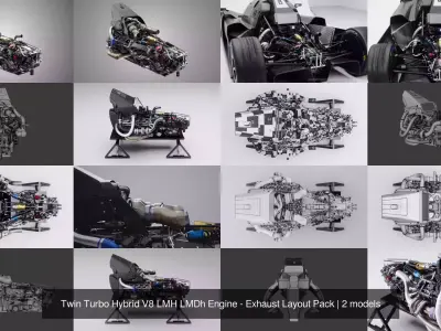 Twin Turbo Hybrid V8 LMH LMDh Engine - Exhaust Layout Pack 3D Model Collection