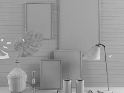Decorative set four framed pictures and candle on table 3D model