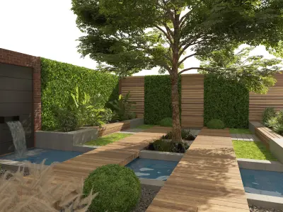 Exterior Garden yard with plants and small pool Low-poly 3D model