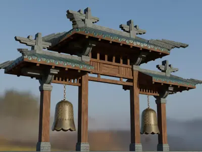 Chinese gate with bells Low-poly 3D model
