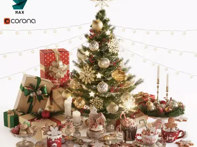 Christmas and New Year Decorations with Christmas tree  3D model