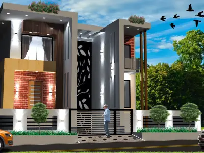House modern with car parked in front 3D model