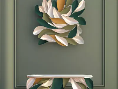 Modern Organic Leaf Desk With Wall Art 3D model