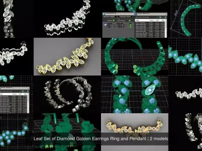 Leaf Set of Diamond Golden Earrings Ring and Pendant 3D Model Pack