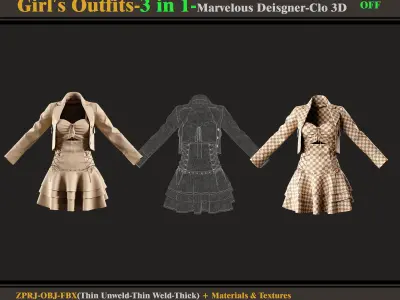 3 in 1 Girl Outfits- MD-Clo3d -OBJ - FBX -Materials-Textures 3D model