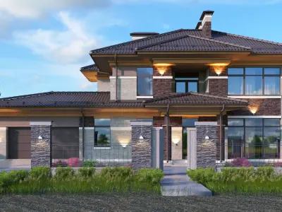 Wright-style apartment building with 2-car garage 3D model