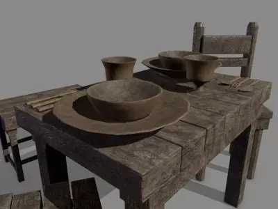 Medieval Set wooden chair Low-poly 3D model