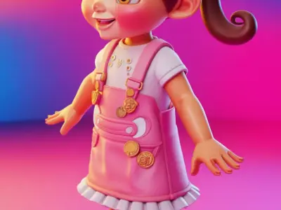 Cute Cartoon Girl 3D Playful Character Pink Overalls Buns Low-poly 3D model