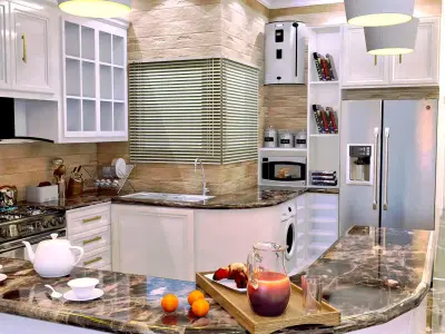 kitchen with cabinets and marble counter tops 3D model