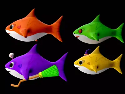 Cartoon Shark Character Bundle Monster Family Low-poly 3D model