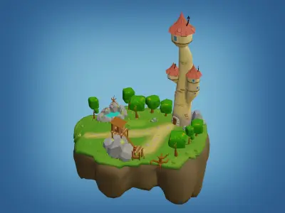Low-poly Fantasy Castle on a Floating Island  Low-poly 3D model