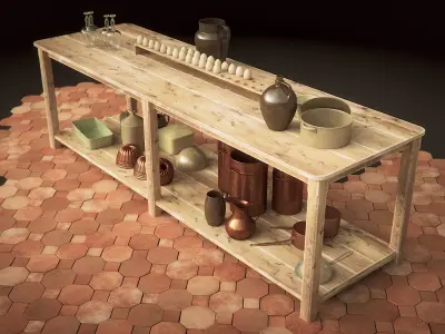 Vintage Wooden Kitchen Table 3D model