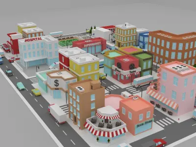 Low Poly City street with buildings and cars Low-poly 3D model