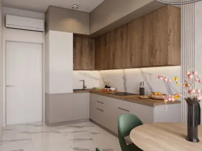 Light kitchen with wooden furniture scene 3D model