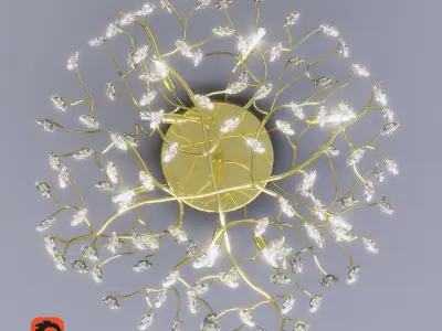 Yellow Bronze Twig and Crystal Leaf Chandelier 3D model