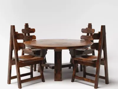 Brutalist Dining Table and Chairs Set Low-poly 3D model