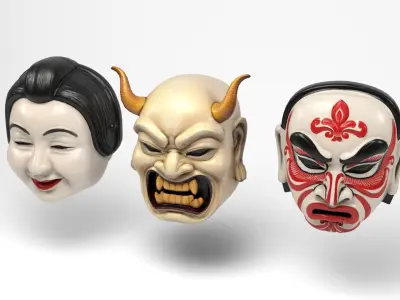 Japanese masks Low-poly 3D model
