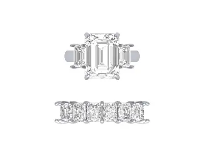 Emerald 3 Stone Art Deco Ring with Radiant Full Eternity Band 3D print model