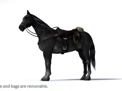Black horse with saddle and bags Low-poly 3D model