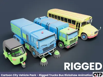Cartoon City Vehicle Pack - Rigged Trucks Bus Rickshaw Animation Low-poly 3D model