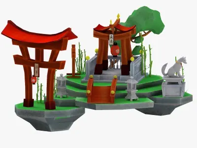 set of oriental assets Japanese environment Low-poly 3D model