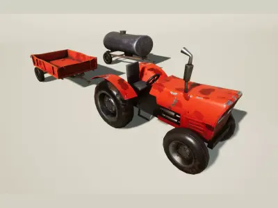 Farm tractor and trailer Low-poly 3D model
