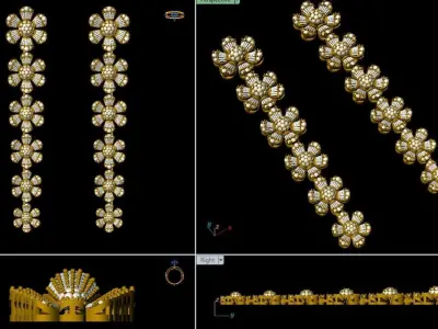  Long earrings adorned with flowers and baguette diamonds 3D print model