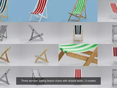 Three wooden folding beach chairs with striped seats 3D Model Collection