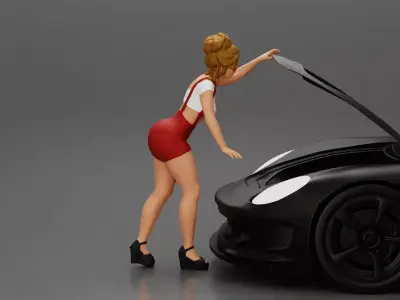 2 Sexy Girl in sunglasses opening a car hood and look inside  3D print model
