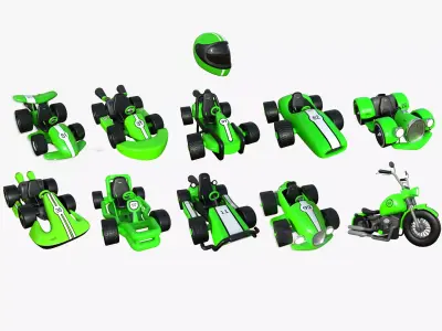 10 Cartoon Karts Green Collection - Vehicle Racing Design 3D Model Pack
