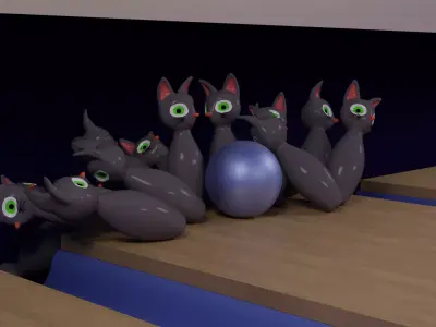 Hyper-Casual Cat bowling pins and ball Free low-poly 3D model