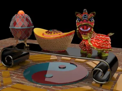 Chinese lion dance figure with yuanbao 3D model