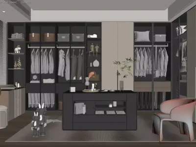 Modern Luxury Walk-In Closet with Integrated Vanity and Seating 3D model