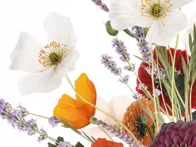 Realistic bouquet flowers poppy lavender branches vase 630 3D model