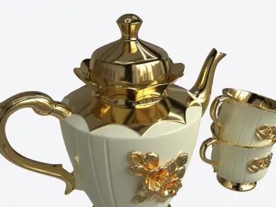 Teapot and Cups Decorated with Golden Flowers 3D model