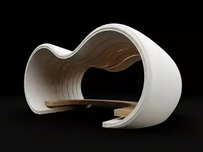 Modern Organic Bench Fluid Wood  White Seating Low-poly 3D model