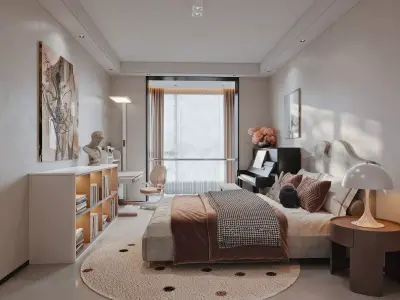 Warm Modern Bedroom with Study Desk and Piano 3D model