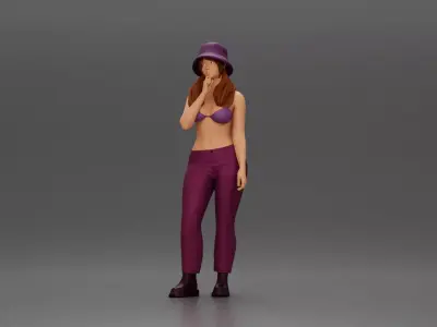 beautiful girl in pants and a hat thinking 3D print model