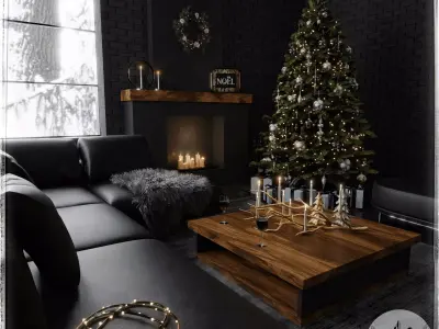 Dark Christmas Living Room Blender Scene 3D model