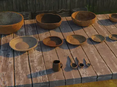 Wooden old dishes Low-poly 3D model